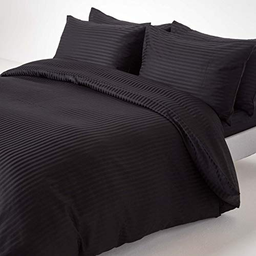 Homescapes 3-teiliges Damast-Bettwäsche-Set schwarz aus 100% ägyptischer Baumwolle mit Satin-Streifen, 1 Bettbezug 230x220 cm & 2 Kissenbezüge 48x74 cm