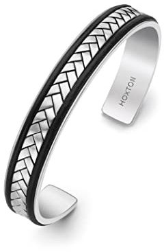 HOXTON LONDON Herren Sterling Silber Fischgrät Leder eingelegter Manschetten Armreif