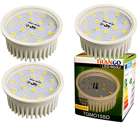 Trango 3er Pack MO15*3 LED Modul Leuchtmittel 3000K warmweiß Ultra flach nur 23mm Einbautiefe zum Austausch Einbaustrahler I Einbauleuchten I Deckenstrahler mit GU10 I MR16 Leuchtmittel