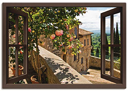 ARTLAND Wanddeko Leinwand Bilder Wandbild 130x90 cm Fensterblick Fenster Toskana Landschaft Garten Rosen Balkon Natur T5QB