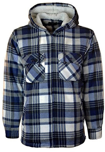 MyShoeStore Mens Padded Shirts Lumberjack Collared Hooded Flannel Check Jacket Thick Quilted Work Wear Warm Thermal Fleece Fur Lined Top Casual Coat (Hooded Blue, 3XL)