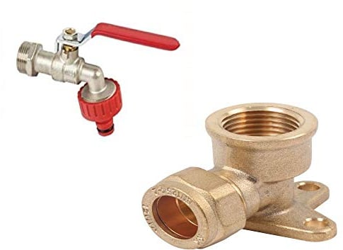 Wärmer System 1/2 Garden Bib Tap with Red Handle, Garden Hose Plug, Compression Fitting Wall Plate Elbow - Brass (15mm)
