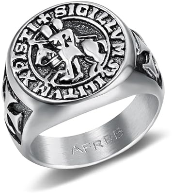 BOBIJOO JEWELRY - Bague Chevalière Sceau Templier Christ Croix Sigillum Militum Xpisti Acier Argenté Noir - 23,9 (15 US)