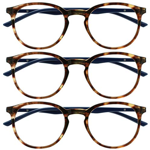 OPULIZE MET Blaulichtfilter Lesebrille für Damen Herren - 3er-Pack - Runder Brille - Blendfreie UV400-Schutz - Federscharniere - Anti-Müdigkeit - Braun Schildpatt +2.00