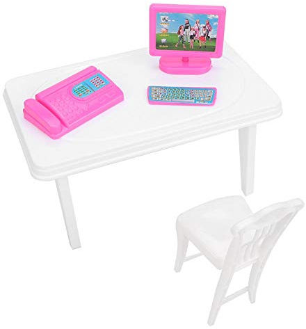 Zerodis Puppenhaus Zubehör Mini Computer Tastatur Faxgerät Schreibtisch Stuhl Puppenhaus Rollenspiele Spielzeug Mini Möbel Set für Mädchen Kinder