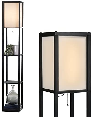 YU YUSING Stehlampe mit Holzregal Innenbeleuchtung 1,6m Holz Stehleuchte mit Regalen für Schlafzimmer und Wohnzimmer, schwarz