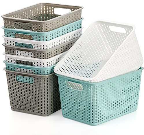 WUWEOT 9 Pack Plastic Storage Basket Bins Organizer, Cabinet and Shelf Basket with Handle, 25cm L x 17cm W x 14cm H, 3 Colors