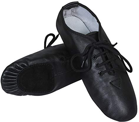 SHADOW DANCE UK Chaussures de jazz noires à lacets pour filles – Chaussures de danse jazz modernes unisexes en cuir – Semelle fendue en caoutchouc et daim – Idéal pour les enfants et les adultes, Noir