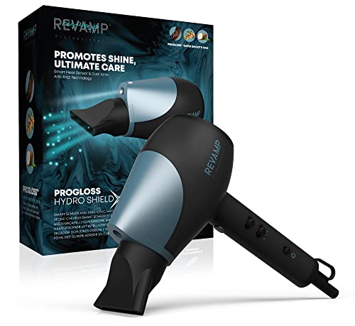 REVAMP Progloss Hydro Shield X Shine Haartrockner – Ionenfunktion für Volumen & Glanz, Smart-Heat-Sensor, Leistungsstarker 1800W Motor, Föhn mit Diffusor & 2 Styling-Düsen