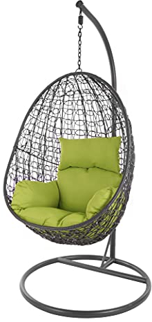 KIDEO Komplettset: Hängesessel mit Gestell & Kissen, Korbsessel, Poly-Rattan (Gestell- und Korbfarbe: dunkelgrau, Kissen: grün Nest (6068 Apple Green))