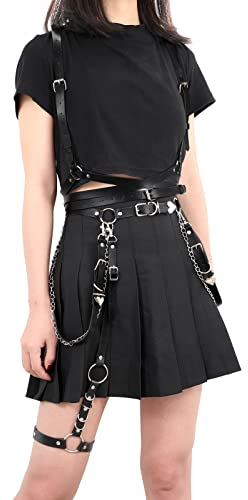 LEACOOLKEY 2 Stücke Damen Punk Leder Taillengürtel Gürtel mit Bein Gothic Strumpfbänder, Schwarz Leder Gürtel für Cosplay Rave Outfit Halloween Kostüm