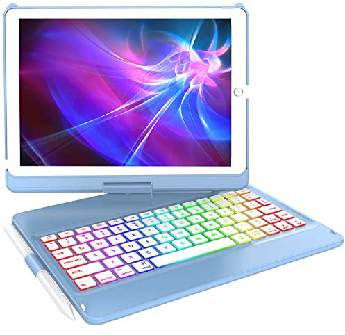 Keyboard Case for iPad 9th Generation,10 Color Backlight iPad Keyboard for 10.2-inch 9th /8th /7th /Air 3/Pro 10.5-inch,360° Rotatable Protective Cover with Apple Pencil Holder(Blue)