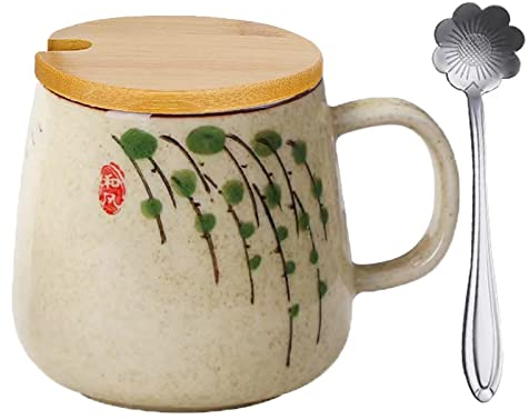 Tasse à café avec couvercle,Tasse à lait en céramique avec couvercle,Tasses à cappuccino en faïence 400 ml,Tasse à café japonaise peinte à la main Tasse à eau sous-glaçure Grande capacité