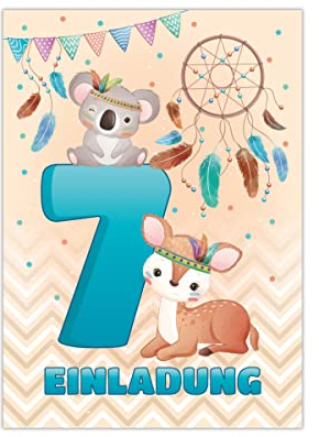 12 Einladungskarten zum 7. Kindergeburtstag Einladung zum siebten Geburtstag Mädchen Jungen Tiere Indianer Koala REH