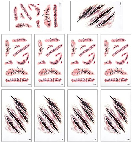 Sibba Wasserdicht Temporäre Tattoo Aufkleber 10 Blätter Horror Realistische Blutige Wunde Gefälschte Blutstich Narbe Schorf Dekoration Halloween Cosplay Maskerade Make up Körperkunst Frauen Mann Kind