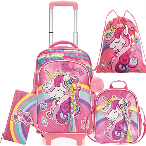 HTgroce - Mochila con ruedas de unicornio para niños y niñas con bolsa para el almuerzo de 43,18 cm., Unicornio Rosa