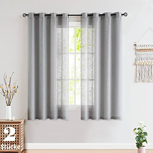 FMFUNCTEX Grau Vorhänge Leinenoptik mit Ösen Leinen Gardinen Halbtransparent Landhausstil Wohnzimmer Modern für Schlafzimmer Kinderzimmer Balkontür 2er Set, 175 x 127 cm (H x B)