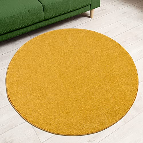 Impression Kurzflor-Wohnzimmerteppich - Schlichte Moderne Teppiche für Schlafzimmer, Büro, Flur, Küche, Kinderzimmer - Gelb, 80 cm Rund