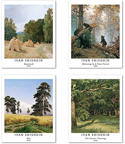 Kunstdruck Ungerahmt Klassische Landschaft Bilder Set von 4, Poster Größe: 28x35 cm Premium Kunstpapier Wanddeko Hochwertigem Grün Wald Passenden Raumdekoration Deko Ivan Shishkin Painting