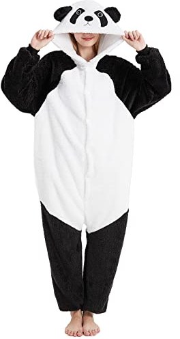 chuangminghangqi Panda Onesie Damen Einteiliger Schlafanzug Lang Winter Tierkostüm Erwachsene Plüschkostüme Jumpsuit Kuschelig Mit Kapuze Overall Karneval Partyoutfit Tiere Geschenkidee(Weiß-7108,M)