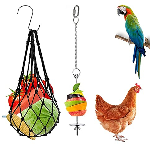 Poulet Mangeoire Automatique Alimentation Sac en Filet Mangeoire Suspendue Brochette De Fruits en Acier Inoxydable Porte-Légumes De Fruits Jouets pour Poulets Poussins Lapins Canards Oiseaux