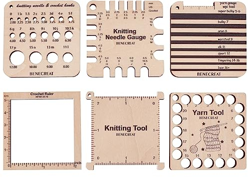 BENECREAT 6 Styles Wood Knitting Gauge Rulers, Crochet Hook and Yarn Wrap Per Inch Guide Knitting Tool for Spinners Yarn Measuring Crochet Accessories