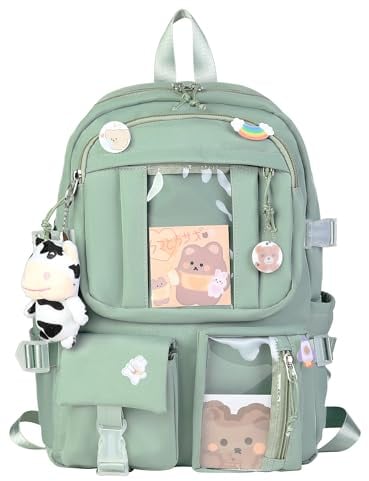 HORHEAR Schulrucksack Kawaii Rucksack für Damen und Herren,Leicht und mit Accessoire,für Schule und Freizeit(Grün)