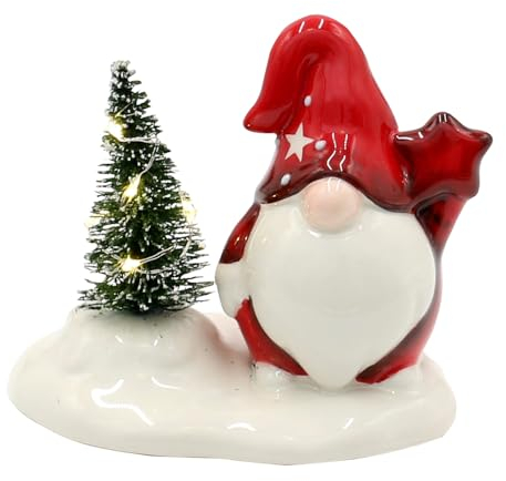 Dekohelden24 ***Gnom - Wichtel in weiß - rot mit Stern und LED Tanne, L/B/H 11 x 7,5 x 9,5 cm.