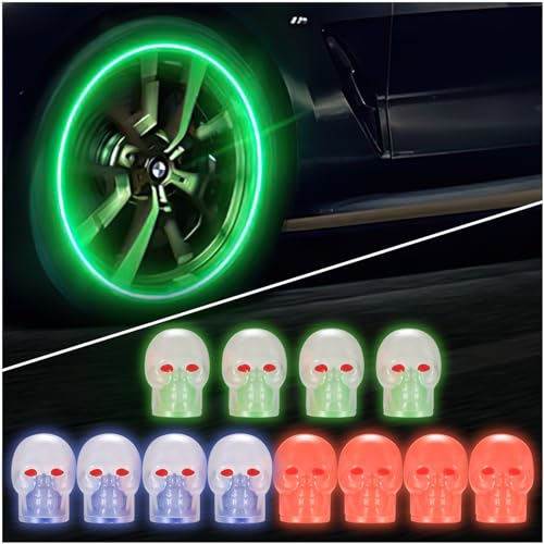 Auto Leuchtende Ventilkappen Auto, 12 STK Universelle Fluoreszierende Reifenventilkappen, Ventilschaftabdeckungen Leuchtend, Schädel Autoreifen Autoventilabdeckung für Auto Fahrrad Motorrad