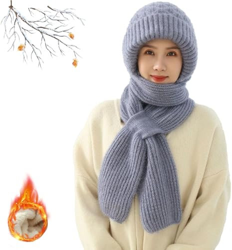 Donubiiu Integrated Ear Protection Windproof Cap Scarf,2 in 1 Mask Scarf Knitted Hat,Winter Warm Knitted Hat Scarf (Blue)
