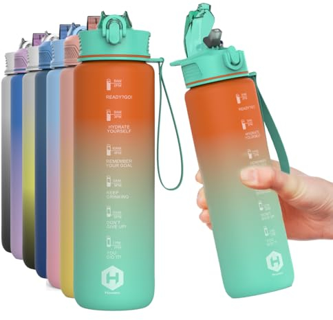 HOMEEX 1L (32oz) Motivational Water Bottle, BPA-free Sports Water Bottle with Time Marker - Quotes - One-Click Technology Ideal for Jogging, Hiking, Office, School, Adults, Children (Blue & Green)