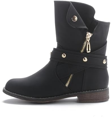 Queentina Damen Stiefeletten warm gefüttert Nieten Boots Biker Stiefel BH201 Schwarz 39