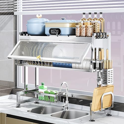 Pilipane Over Sink Dish Drying Rack, 3 Tier Stainless Steel Large Drainer Rack, Kitchen Organization And Storage Shelf with Utensils Holder for Drying Bowls Plates Cups, 33.5in