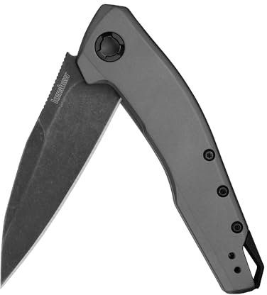 Kershaw Sanctum Couteau de poche, manche incurvé en acier inoxydable PVD gris, lame noire 8Cr13Mov de 7,6 cm, Pocketclip