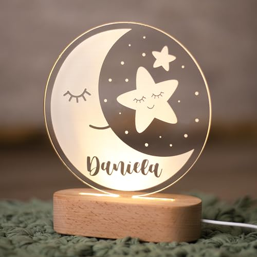 Lampara Quitamiedos Infantil Personalizada con Nombre Bebés Recien Nacidos de Metacrilato Acrilico Madera con Led Luz Nocturna Mesita Noche (Luna Blanco)