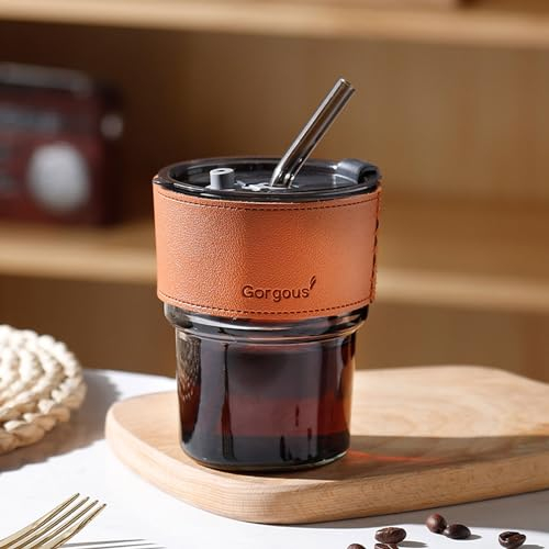 WINIAER 13OZ/400ML Cold Brew Cup with Lid and Straw, Thick-Walled Glass Insulated Holster Cup, Travel Coffee Cup - (Black)