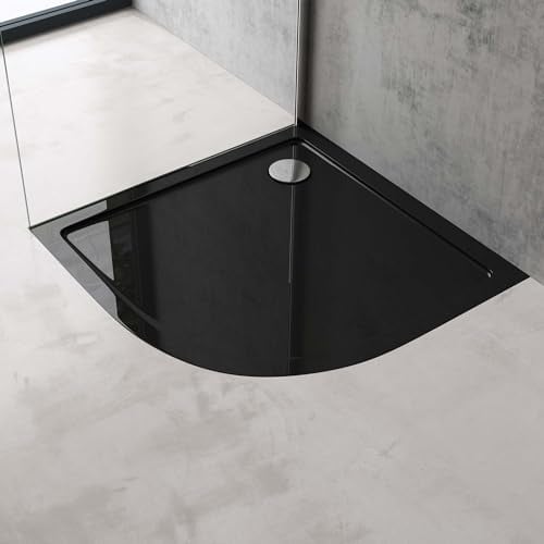 doporro Plato de ducha plano 90x90x4cm fabricado de acrílico en negro cuarto de circulo conexiones DIN apto para instalación a ras de suelo Faro3