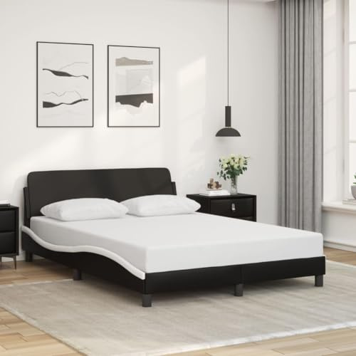 vidaXL Bettgestell Dover, Bett mit Lattenrost, Bettrahmen in Wellenform, Doppelbett Polsterbett Schlafzimmerbett, Schwarz Weiß 140x200cm Kunstleder