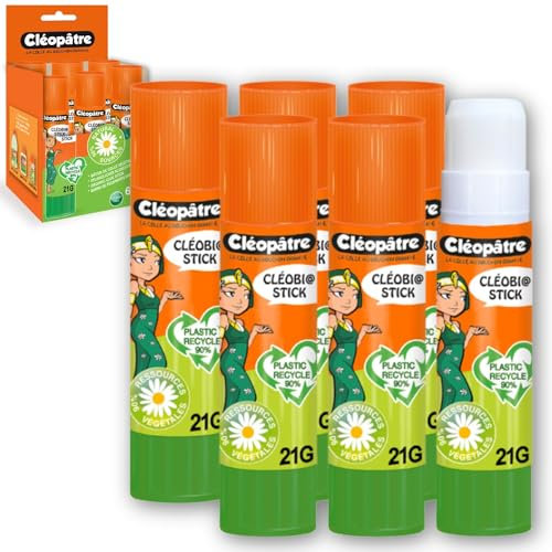 CLEOPATRE – Boîte de 6 bâtons de colle VÉGÉTALE en 21 gr – Naturel Sans Solvant – Idéal pour Écoles, Papeterie, Bureau, Fournitures Scolaires