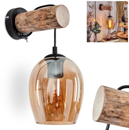 Wandleuchte Vevino, Wandlampe aus Metall/Holz/Glas in Schwarz/Natur/Bernstein, Leuchte im Retro/Vintage-Design mit Schirm aus Glas (Ø 15 cm) u. An/-Auschalter am Gehäuse, 1 x E27, ohne Leuchtmittel