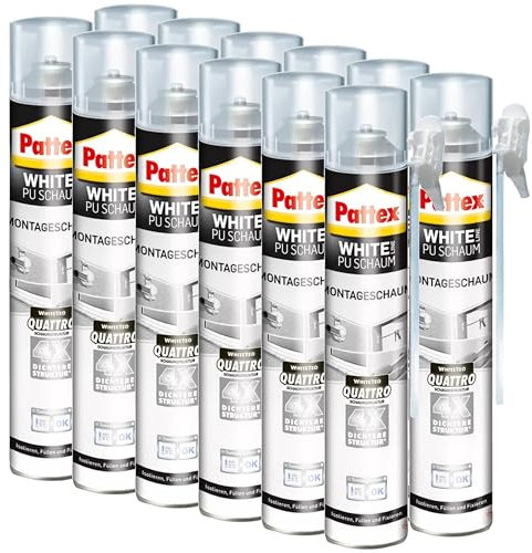 Pattex White Line Montageschaum, reinweißer PU-Schaum zum Füllen, Dämmen, Ausschäumen und Isolieren, Bauschaum mit hoher Wärme- und Schalldämmung, 12x750ml Dose