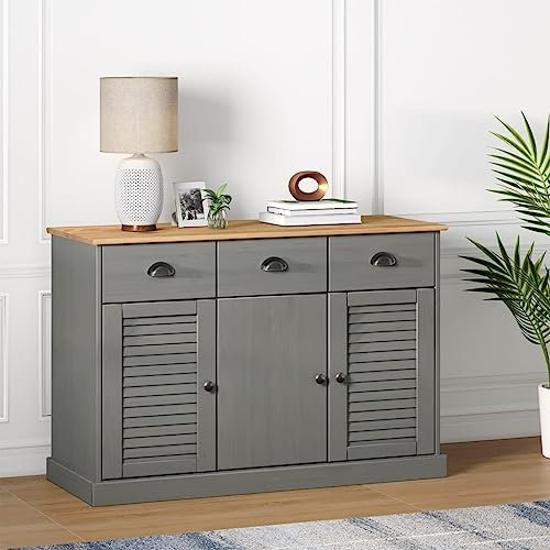 Homgoday Vigo Sideboard mit Schubladen, Massivholz, Kiefer, Grau, 113 x 40 x 75 cm, Küchenschrank, Sideboard, Beistelltisch, Kommode, Buffet, Möbel