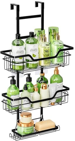 MDDK DY Etagere Douche à Suspendre, Porte Savon Douche sans Perçage, Rangement Douche, Support gel Fouche Salle de Bain, Etagere Salle de Bain avec Porte-Savon, Noir