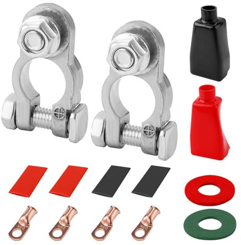 Car Battery Terminal Kit, Including 2 Connectors 4 Copper Lugs 4 Heatshrink Tubes 2 Terminal Covers 2 Washers Positive Negative Battery Post Terminal Connectors for Boat Truck Auto Marine Camper