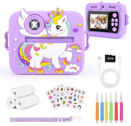 Euakee Macchina Fotografica Bambini, HD 1080P Fotocamera Giocattoli per Ragazze con Schermo da 2,4 Pollici & 32 GB Scheda, Fotocamera Istantanea, Regali per Bambini dai 3 ai 12 Anni(Viola)