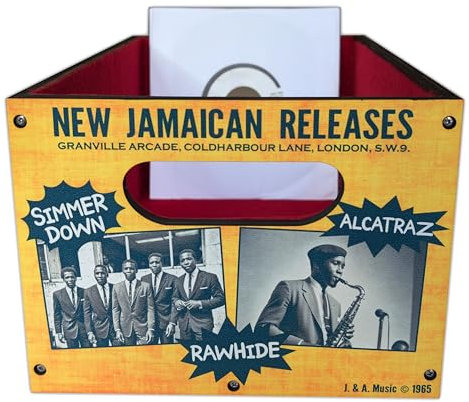 The Scorching Sounds of Jamaican Ska Schallplattenbox | Vintage 1960er Reggae, Ska & Rocksteady Vinylkiste für 45rpm 7-Zoll-Singles | Handgefertigte Aufbewahrungsbox aus Holz | Made in Berlin