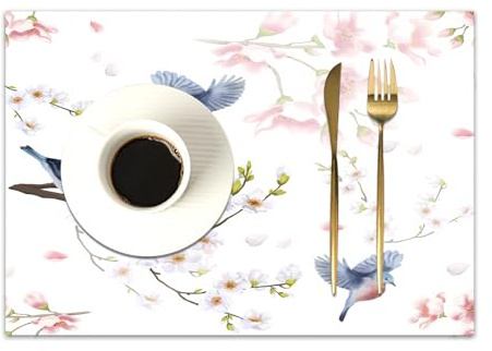 DASNK Table Mats Set of 4 Woven Vinyl Place Mats for Dinner Table Washable & Durable Indoor/Outdoor Use Table Accessories,pattern with cherry blossom tree bird. (1),12x18in