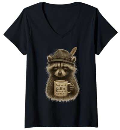 Damen Erst amoi Kaffee, dann seng ma weida - Waschbär Trachtenhut T-Shirt mit V-Ausschnitt