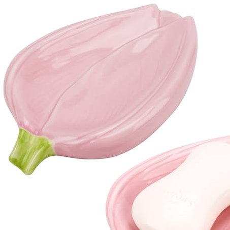 Biiange Porte-savon rose en céramique auto-drainant pour salle de bain, évier, cuisine (rose)