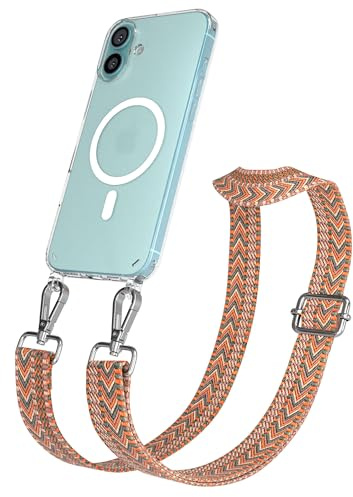 EAZY CASE Handykette - Verstellbares Taschenband kompatibel mit iPhone 16 Plus, Schulterriemen, Handykordel mit Silikon Hülle, Qi Charging kompatibel, Umhängetasche, Orange Grün Silber